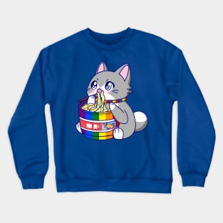 Gay Pride Flag Anime Kawaii Kitty Cat w/ Ramen Noodles LGBT Crewneck Sweatshirt